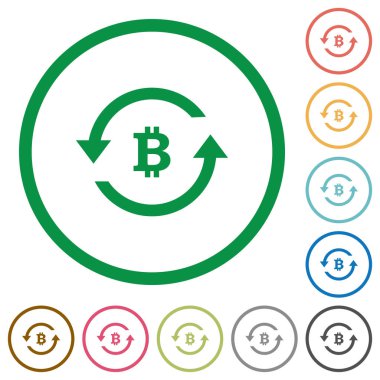 Bitcoin ödeme geri düz renk simgeleri beyaz arka plan üzerinde yuvarlak özetliyor
