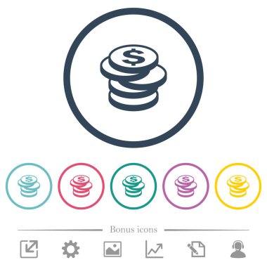 Dolar yığını yuvarlak özetliyor düz renk simgeleri paraları. 6 bonus simgeler dahil.