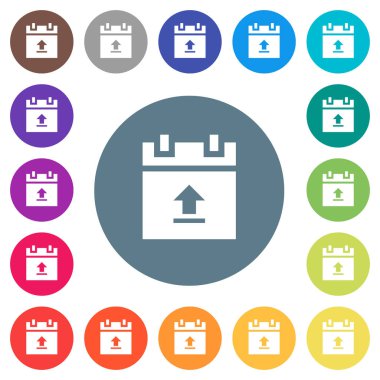 Zamanlama verileri düz beyaz simgeler yuvarlak renkli arka planlar üzerine yükleyin. 17 arka plan renk değişimleri dahil.