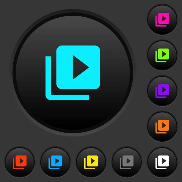 Video Knihovna Tmavě Tlačítka Ikonami Živé Barvy Tmavě Šedém Pozadí — Stockový vektor