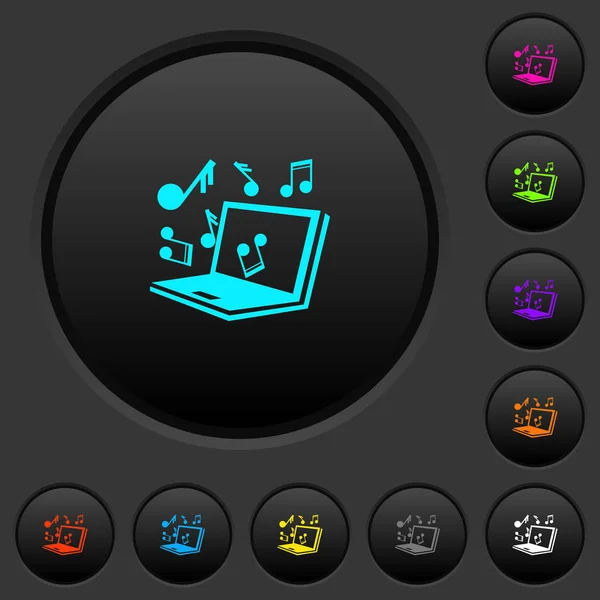 Laptop Muzyką Symbole Ciemne Przyciski Ikonami Żywy Kolor Ciemny Szary — Wektor stockowy