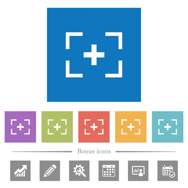 相机十字线在正方形背景的平面白色图标 包含6个奖金图标 — 图库矢量图片