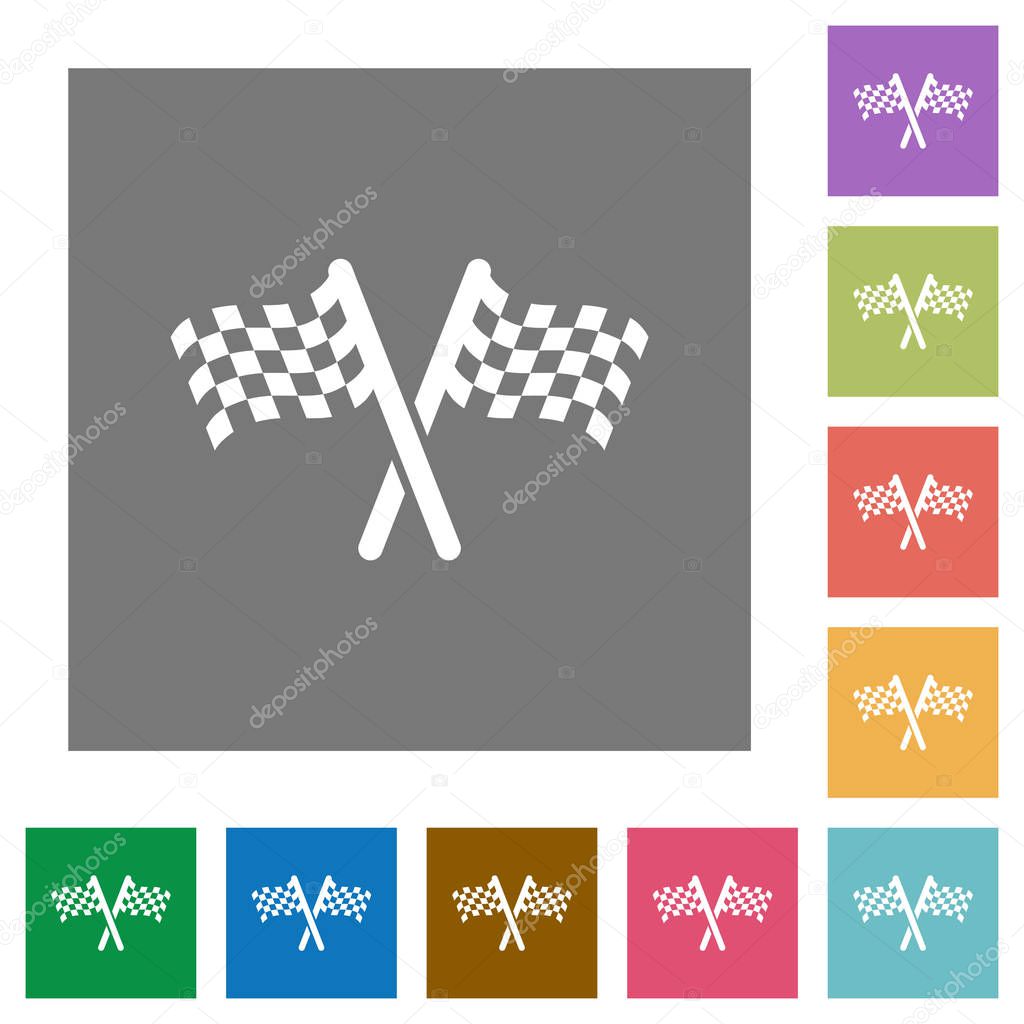 Two chequered flags flat icons on simple color square backgrounds