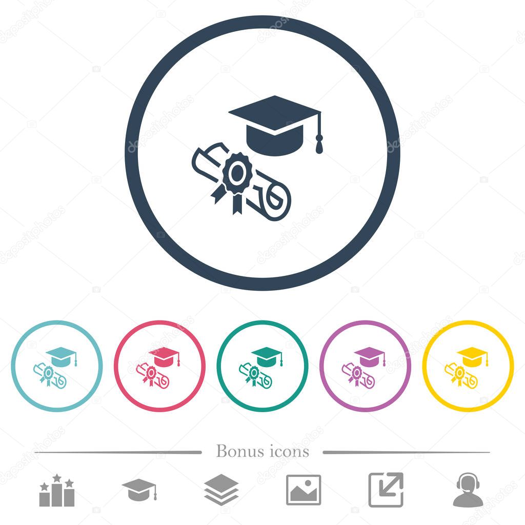 Graduation ceremony flat color icons in round outlines. 6 bonus icons included.