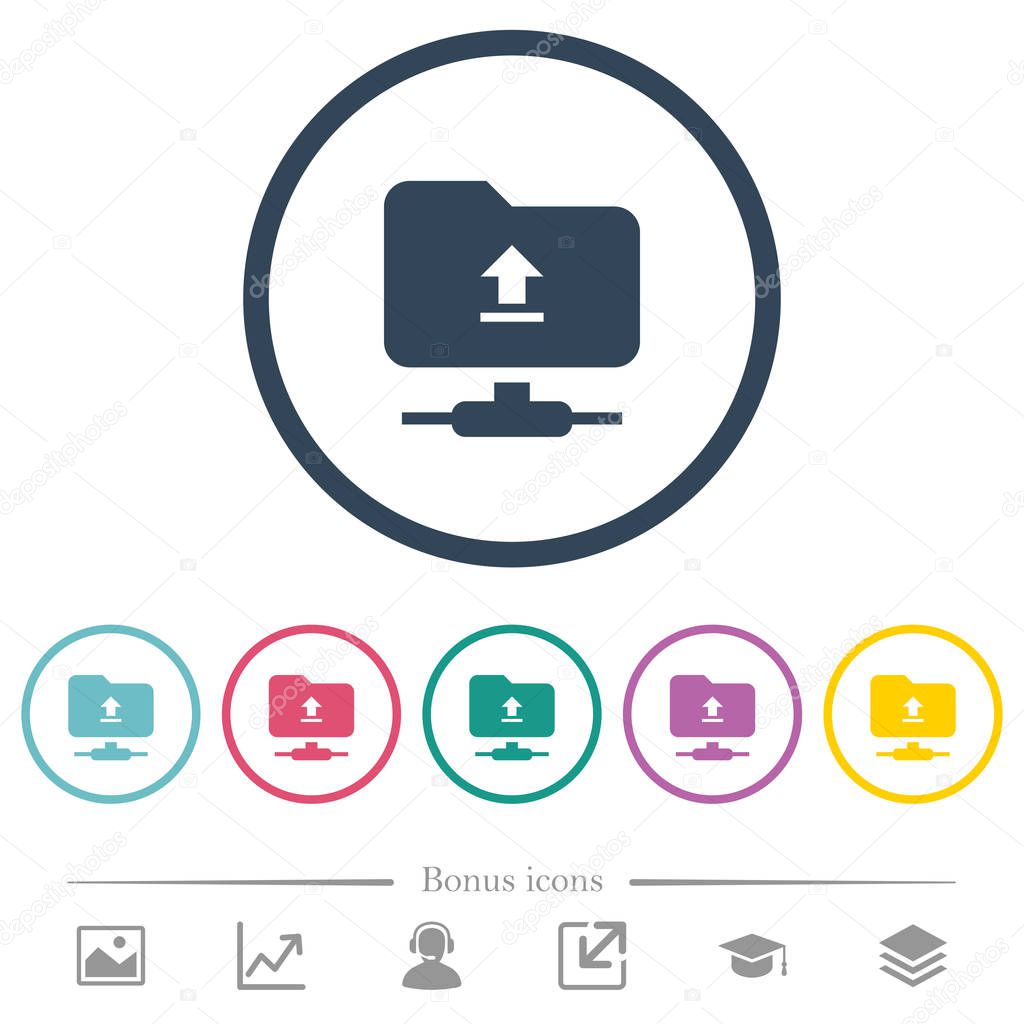 Upload to ftp flat color icons in round outlines. 6 bonus icons included.