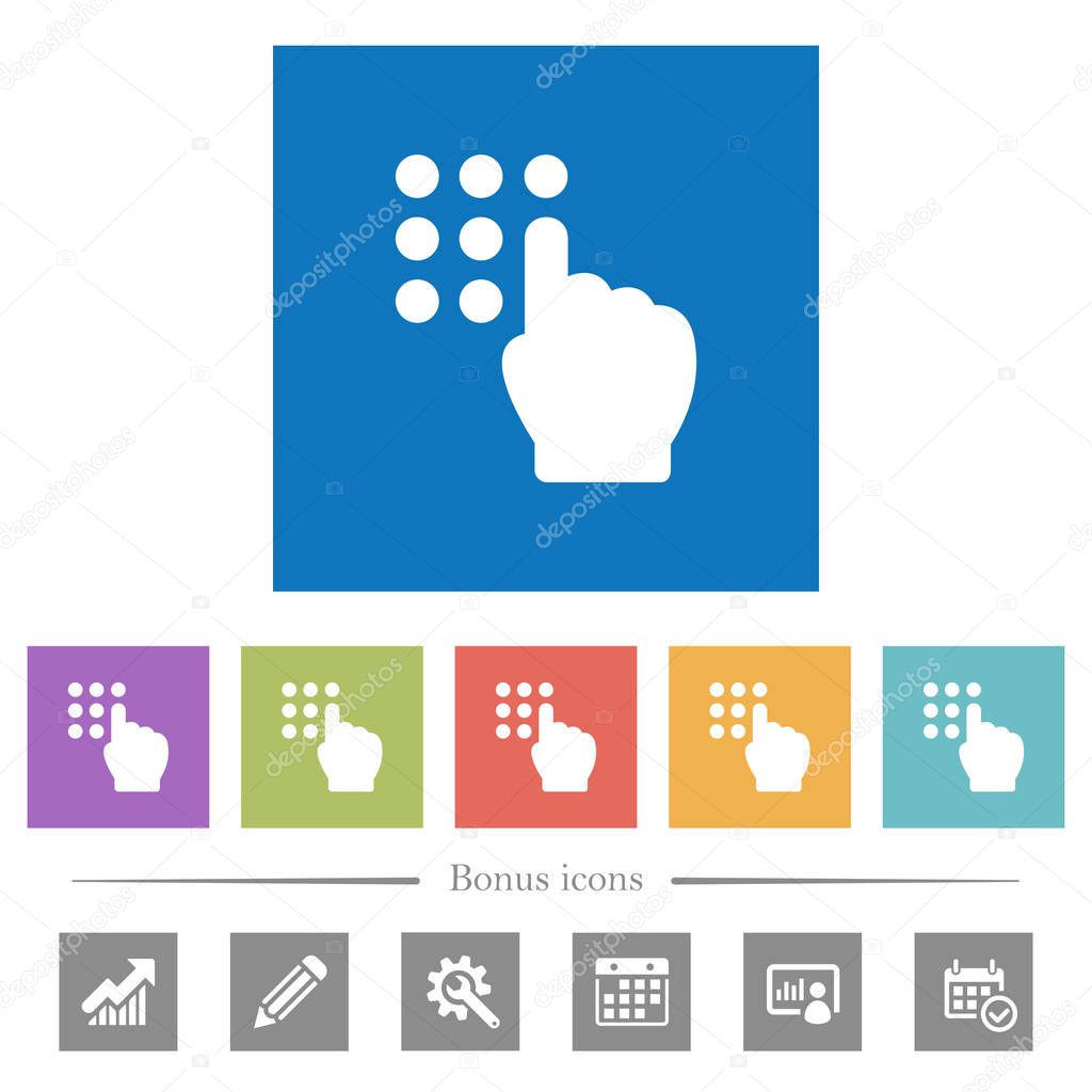 Typing security code flat white icons in square backgrounds. 6 bonus icons included.