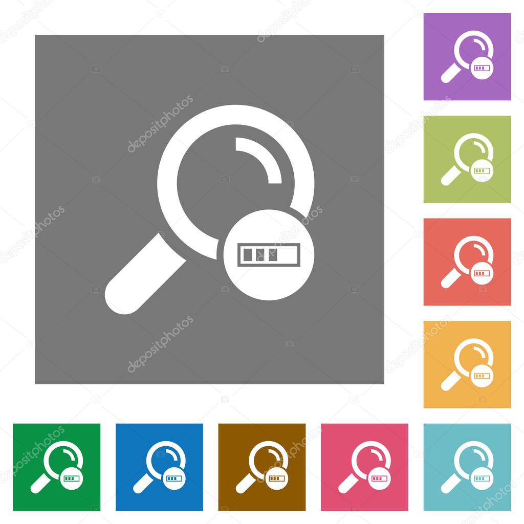 Search in progress flat icons on simple color square backgrounds