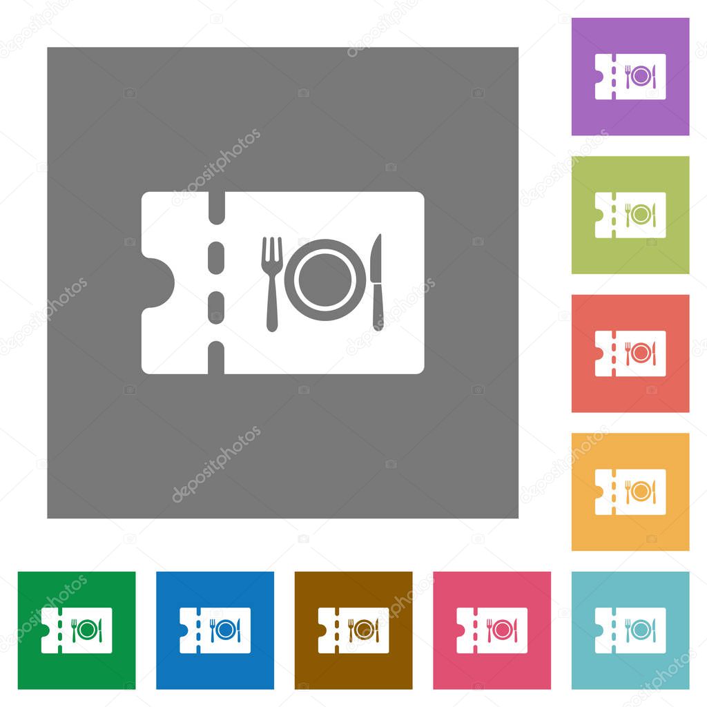 Eating discount coupon flat icons on simple color square backgrounds