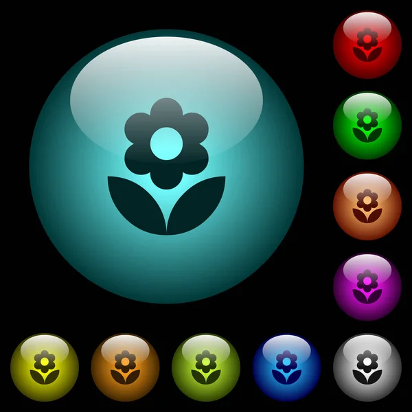 花图标在颜色照亮球状玻璃按钮在黑色背景 可用于黑色或深色模板 — 图库矢量图片