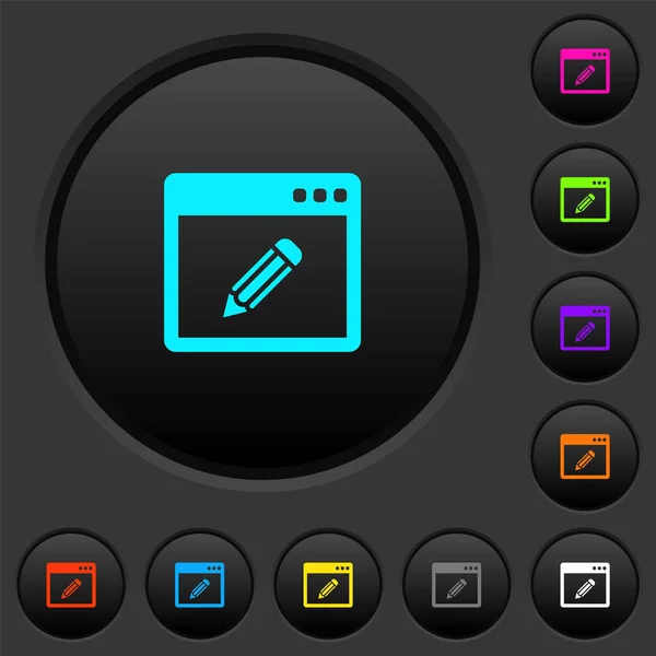 Ansökan Redigera Mörka Tryckknappar Med Levande Färgikoner Mörk Grå Bakgrund — Stock vektor
