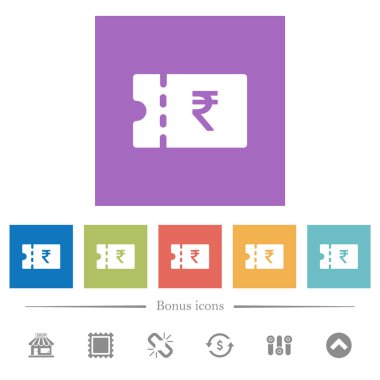 Hindistan Rupisi indirim kupon düz beyaz simgeler kare arka planlar. 6 bonus simgeler dahil.