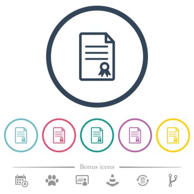 Sertifika belge düz renkli simgeler yuvarlak özetliyor. 6 bonus simgeler dahil.