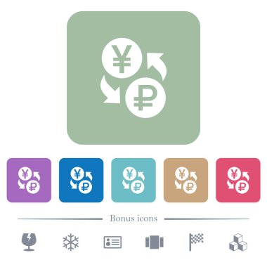 Yen Rublesi para Satım beyaz düz simgeler renk üzerinde kare arka planlar yuvarlanır. 6 bonus simgeler dahil