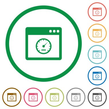 Uygulama hız düz renkli simgeler özetliyor beyaz arka plan üzerinde yuvarlak