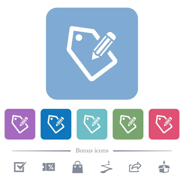 Etiquetado Con Lápiz Blanco Iconos Planos Sobre Fondos Cuadrados Redondeados — Archivo Imágenes Vectoriales
