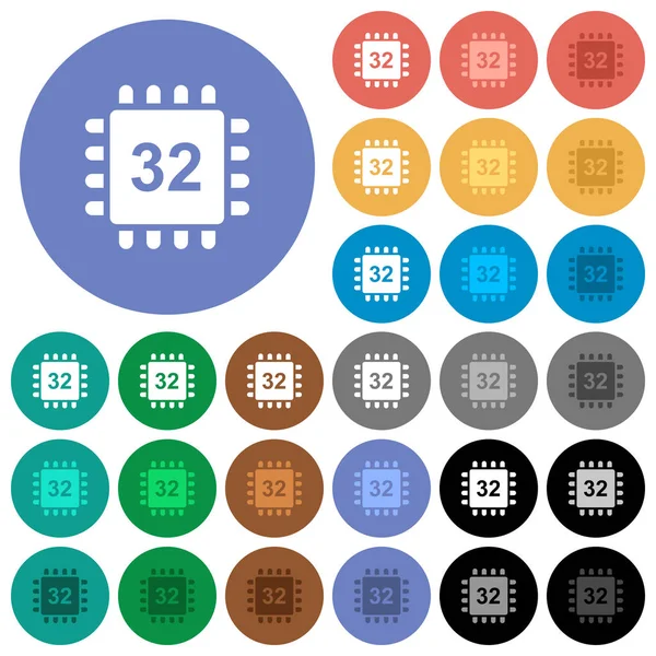 微处理器32位架构在圆形背景上的彩色平面图标 包含用于悬停和活动状态效果的白色 浅色和深色图标变体 以及额外的色调 — 图库矢量图片