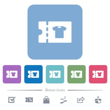 Elbise dükkanı indirim kupon beyaz düz simgeler renk üzerinde kare arka planlar yuvarlanır. 6 bonus simgeler dahil