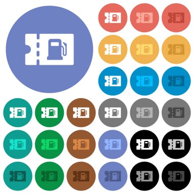 İndirim kupon multi fueling yuvarlak arka planlar üzerinde düz simgeler renkte. Beyaz, açık ve koyu simgesi varyasyonları vurgulu ve etkin durumu efektleri ve bonus tonları için dahil.