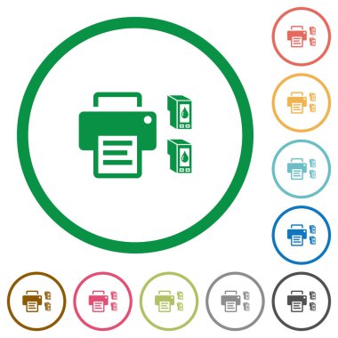 Düz beyaz arka plan üzerinde yuvarlak özetliyor renk simgeleri yazıcı ve mürekkep kartuşları