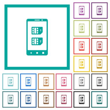 Çift Sim Telefon düz renk simgeleri beyaz arka plan üzerinde çeyreği çerçevelerle