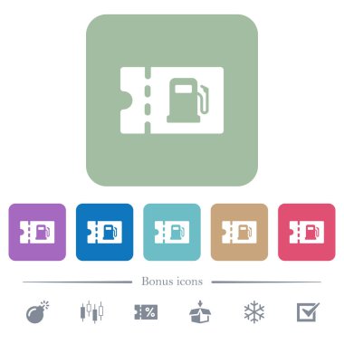 İndirim kupon beyaz düz simgeler renk üzerinde fueling kare arka planlar yuvarlanır. 6 bonus simgeler dahil