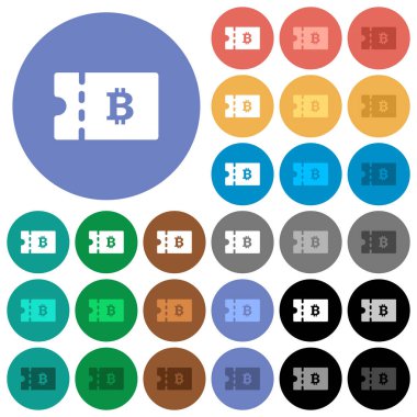 Bitcoin indirim kupon çok yuvarlak arka planlar üzerinde düz simgeler renkte. Beyaz, açık ve koyu simgesi varyasyonları vurgulu ve etkin durumu efektleri ve bonus tonları için dahil.
