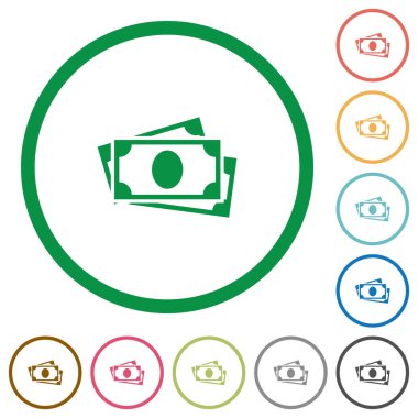 Beyaz arka plan üzerinde yuvarlak özetliyor daha fazla banknot düz renk simgeleri