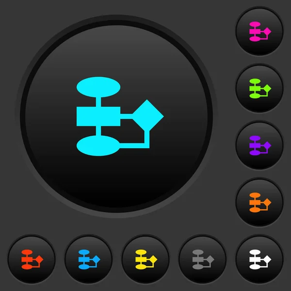 Διάγραμμα Ροής Σκούρα Μπουτόν Ζωηρό Χρώμα Εικονίδια Σκούρο Γκρι Φόντο — Διανυσματικό Αρχείο