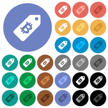 Bitcoin fiyat etiketi çok yuvarlak arka planlar üzerinde düz simgeler renkte. Beyaz, açık ve koyu simgesi varyasyonları vurgulu ve etkin durumu efektleri ve bonus tonları için dahil.