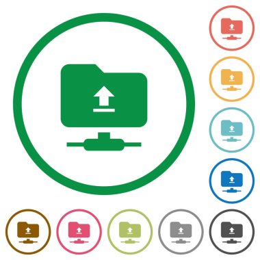 Beyaz arka plan üzerinde yuvarlak özetliyor düz renk simgeleri FTP upload