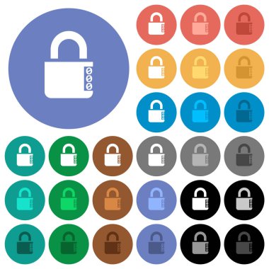 Yuvarlak arka planlar üzerinde düz simgeler renkte yan numaraları multi ile şifreli kilit kilitli. Beyaz, açık ve koyu simgesi varyasyonları vurgulu ve etkin durumu efektleri ve bonus tonları için dahil.