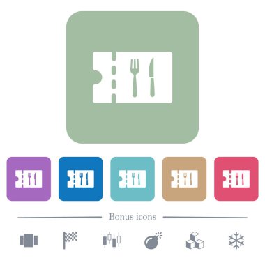 Akşam yemeği indirim kupon beyaz düz simgeler renk üzerinde kare arka planlar yuvarlanır. 6 bonus simgeler dahil