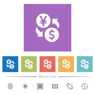 Yen dolar para Satım düz beyaz simgeler kare arka planlar. 6 bonus simgeler dahil.