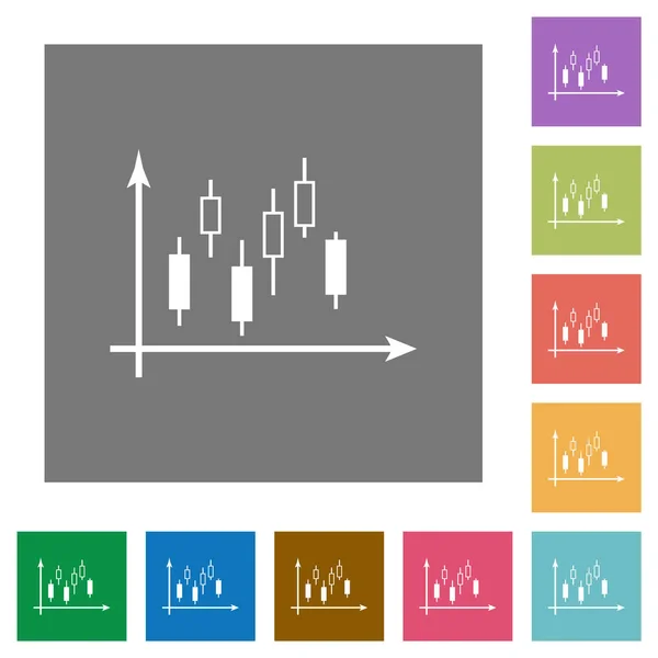 Gráfico Velas Con Ejes Iconos Planos Sobre Fondos Cuadrados Color — Archivo Imágenes Vectoriales