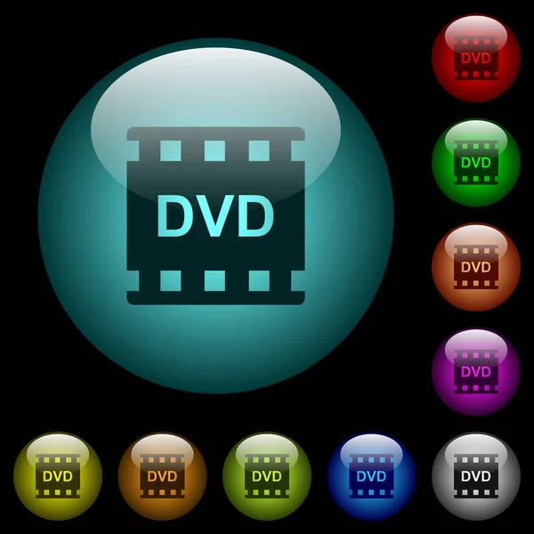 Ikony Format Filmów Dvd Kolorowe Przyciski Podświetlane Szklane Czarnym Tle — Wektor stockowy