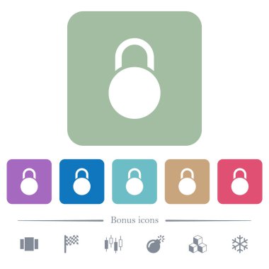 Renkli yuvarlak kare arkaplan üzerine asma kilitli beyaz düz simgeler. 6 bonus simgesi dahil