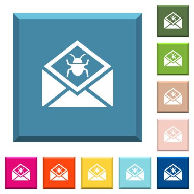 Kötü amaçlı yazılım sembolü beyaz simgeleri çeşitli moda renklerde ucu keskin kare düğmeleri ile açık posta