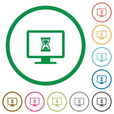 Meşgul bilgisayar düz renk simgeleri özetliyor beyaz arka plan üzerinde yuvarlak