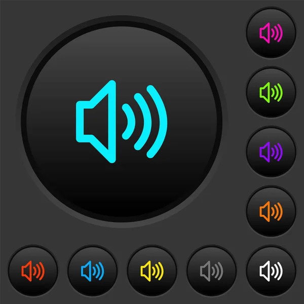 暗い灰色の背景に鮮やかな色のアイコンを持つボリューム暗いプッシュ ボタン — ストックベクタ