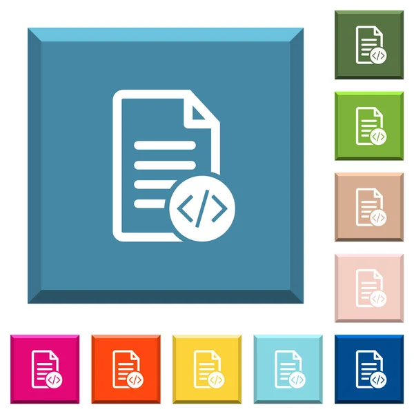 Codice Sorgente Documento Icone Bianche Pulsanti Quadrati Bordati Vari Colori — Vettoriale Stock