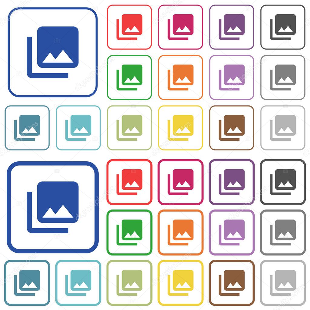 Photo library color flat icons in rounded square frames. Thin and thick versions included.