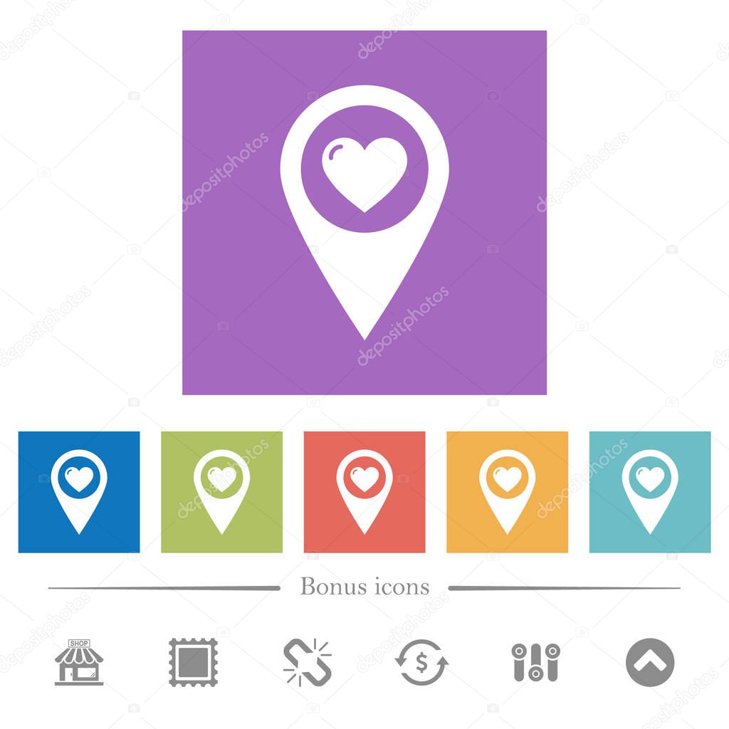 Favorite GPS map location flat white icons in square backgrounds. 6 bonus icons included.