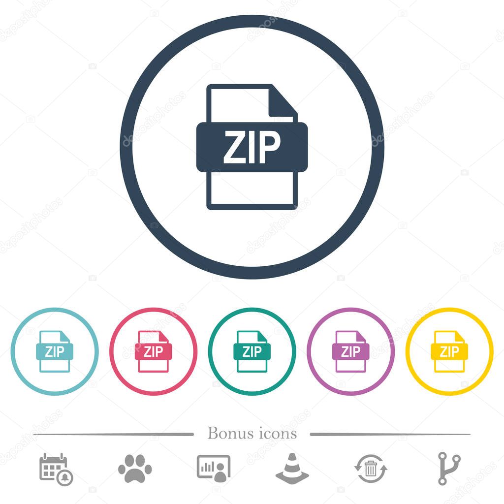 ZIP file format flat color icons in round outlines. 6 bonus icons included.