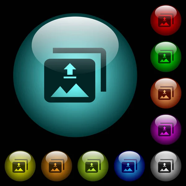 上传多个图像图标在彩色照明的球形玻璃按钮上的黑色背景 可用于黑色或深色模板 — 图库矢量图片