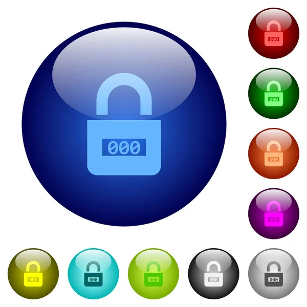 Şifreli Kilit Merkezi Numaraları Simgeler Ile Yuvarlak Renk Cam Düğmeleri — Stok Vektör
