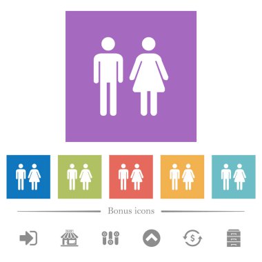 Erkek ve dişi işareti kare arka plan beyaz simgeler düz. 6 bonus simgeler dahil.