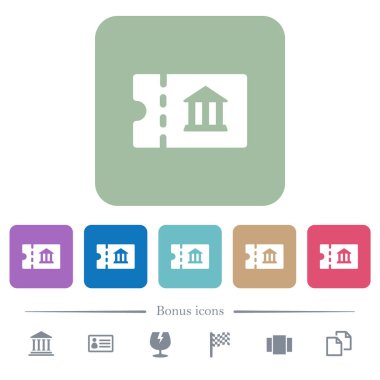 Müze indirim kupon beyaz düz simgeler renk üzerinde kare arka planlar yuvarlanır. 6 bonus simgeler dahil