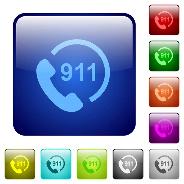 Llamada Emergencia 911 Iconos Color Cuadrado Redondeado Brillante Conjunto Botones — Archivo Imágenes Vectoriales