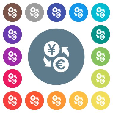 Yen Euro para değişimi yuvarlak renkli arka planlar üzerinde düz beyaz simgeler. 17 arka plan renk değişimleri dahil.