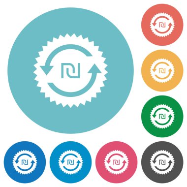 Geri yeni şekel ödeme garanti etiketi düz beyaz simgeleri yuvarlak renkli arka planlar